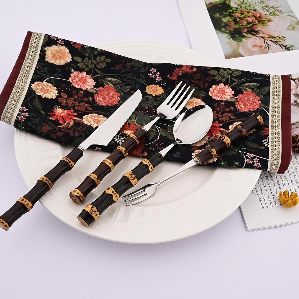 16-Piece Bamboo Handle Silverware Set Stainless Steel Flatware Set Include Spoons Forks Knives and Tea Forks, Cutlery Utensils Serves 4