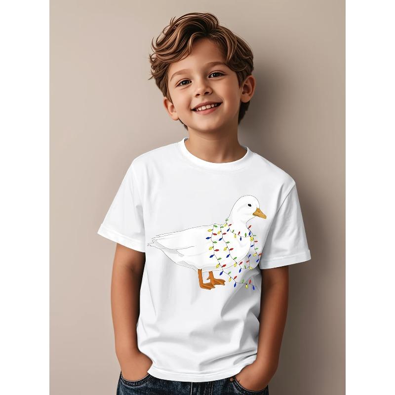 European Sizes Christmas Call Duck Graphic Kid T-Shirt | Casual, Trending Tees Tops for Kids, Crew Neck, Short Sleeve, All-season