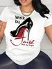 Plus Size Walk By Faith Print T-shirt, Casual Short Sleeve Crew Neck Top For Spring & Summer, Women's Plus Size Clothing