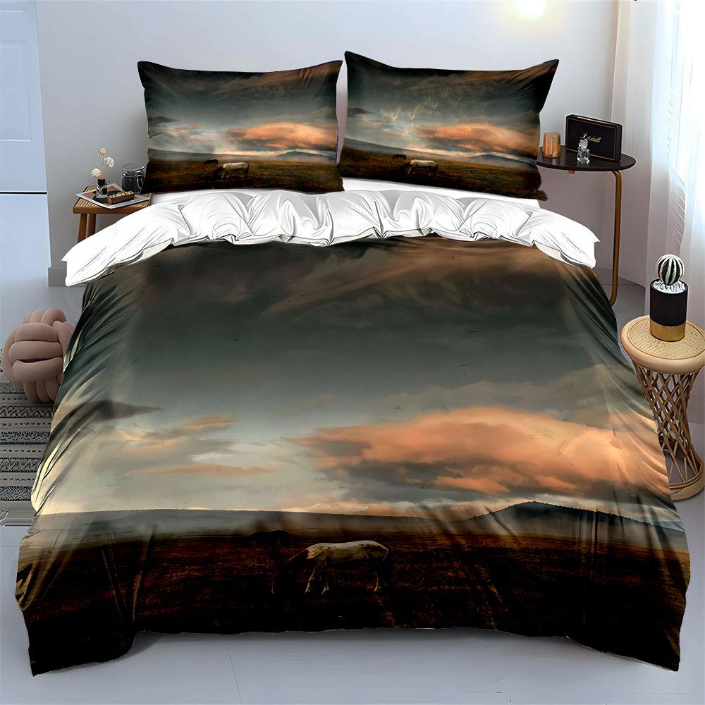 Horse Pasture Scenic Art Print 3Pc,Soft Comfortable Duvet Cover Bedding Set Included 1*Duvet Cover & 2*Pillowcases, Gift