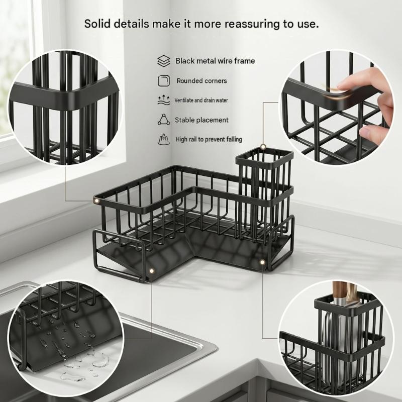Black Metal Sink Storage Rack With Separate Baskets and Base Tray, Freestanding Corner Holder for Cleaning Tools and Counter Storage for Daily Sink