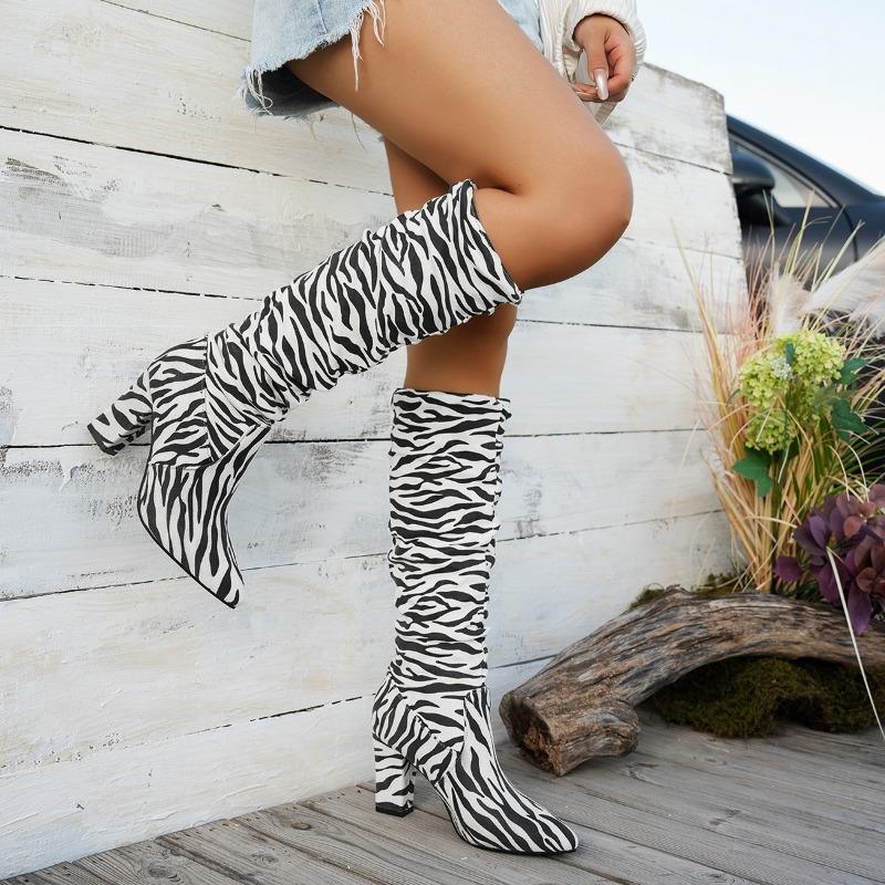 Fashion Skinny in Autumn and Winter Pointed Toe No Knee High Heel Boots Women's Pointed Toe Block Heel Zebra Print Tall Boots