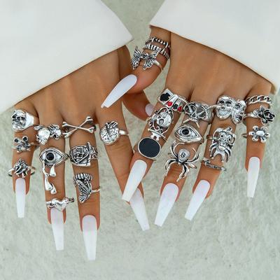 Accessories, Dark Goth Skull Spider Retro Ring, Creative Punk Exaggerated Ring Set