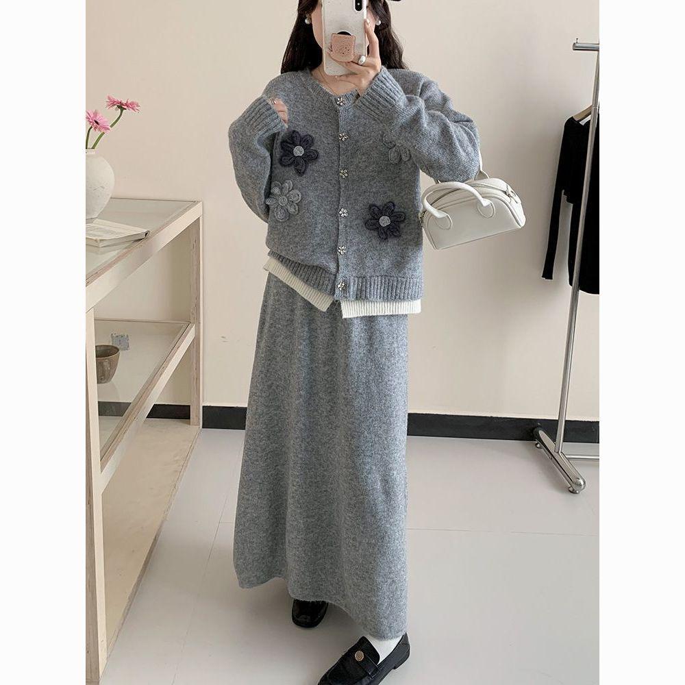 3D Besticktes Blumenstrick-Pullover- und Rock-Set - Damen Herbst/Winter Koreanischer Stil, Locker geschnitten, Vielseitig, Mittellang, Zweiteiliges Outfit.