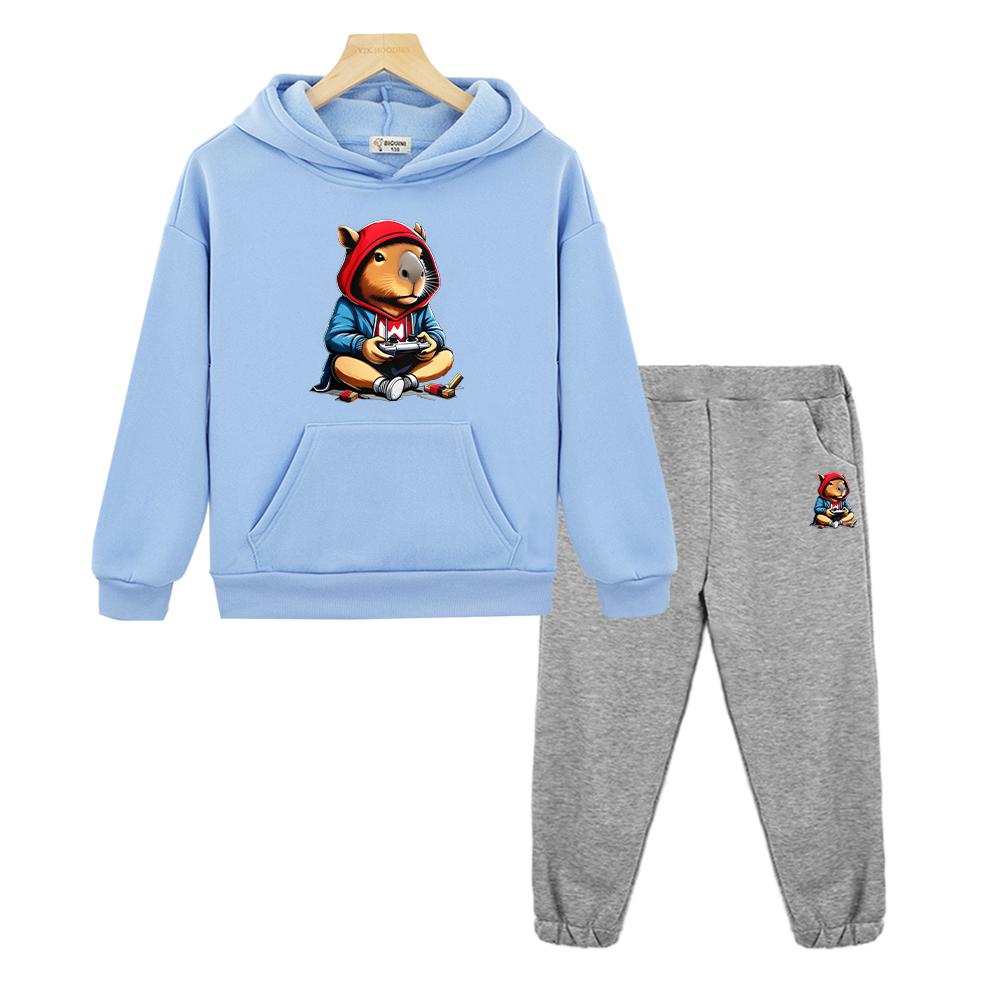 Boys Girls Hooded Spors Sets Capibara Print Hoodie Fleece Sweatshirt Cartoon Jacket 2pcs pullover+Pant  Kids Boutique Clothes