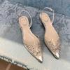 Fairy rhinestone transparent sandals 2025 spring feeling niche bag head low heel flat bottom pointed crystal women's shoes
