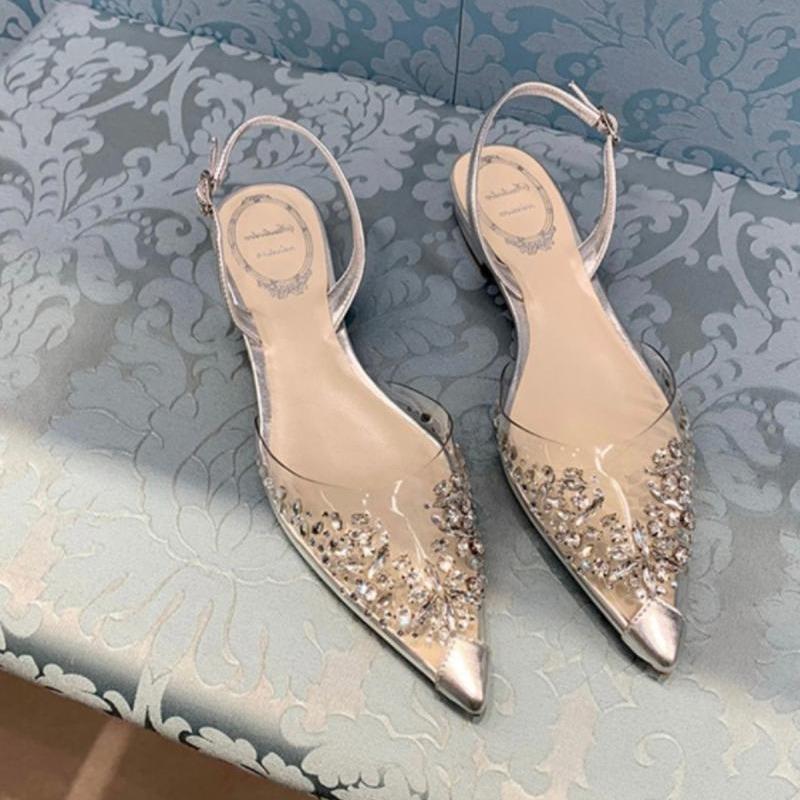 Fairy rhinestone transparent sandals 2025 spring feeling niche bag head low heel flat bottom pointed crystal women's shoes