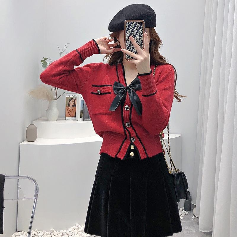 Red sweater women's spring and autumn fashion new chic coat women's Hong Kong flavor trendy bow knitted sweater women