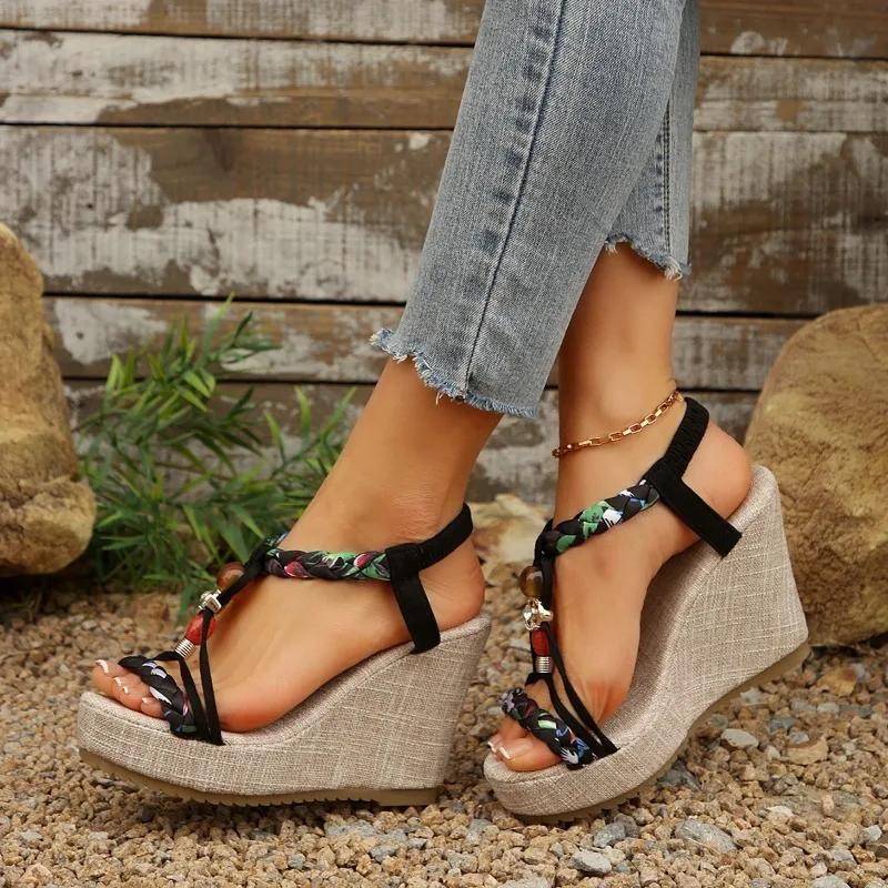 Fashion Women's Shoes 2025 Elastic Band Women's Sandals Fashion Casual Sandals Women String Bead Plus Size Super High Wedge Shoes Female