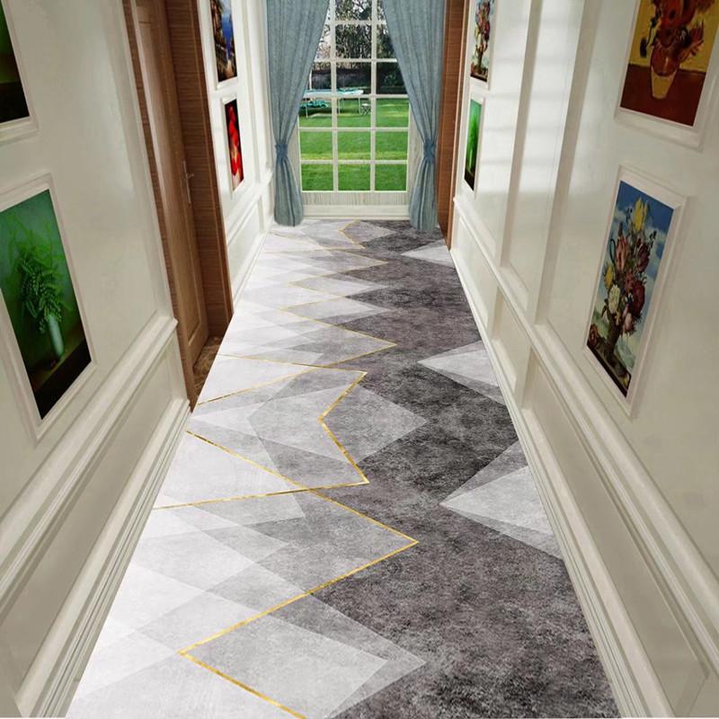 Grey Geometric Living Room Area Rug Corridor Hallway Carpet Runners Decor Crystal Velvet Anti-slip Kitchen Bedroom Rug Door Mat