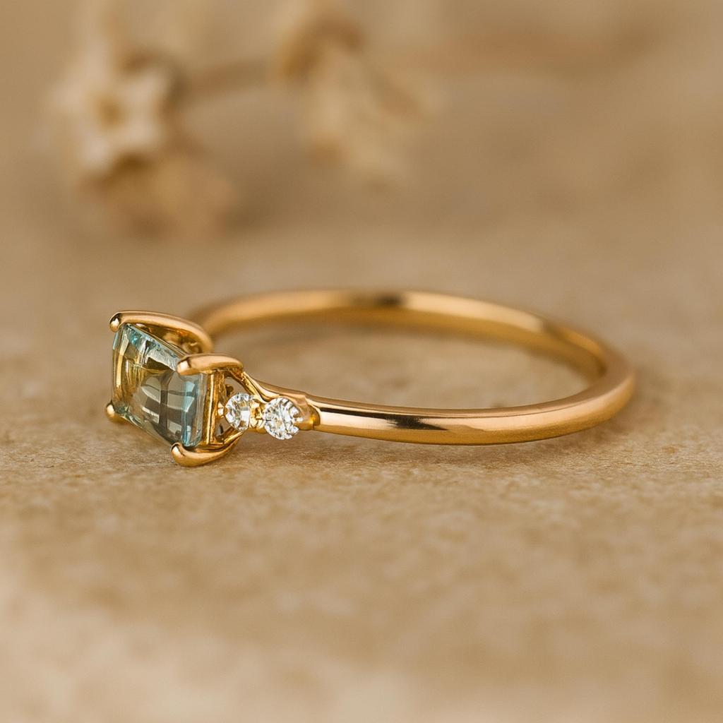 Baguette Aquamarine Ring with CZ Accents – Dainty Gold Plated 925 Sterling Silver Band – Women’s Promise Engagement Ring