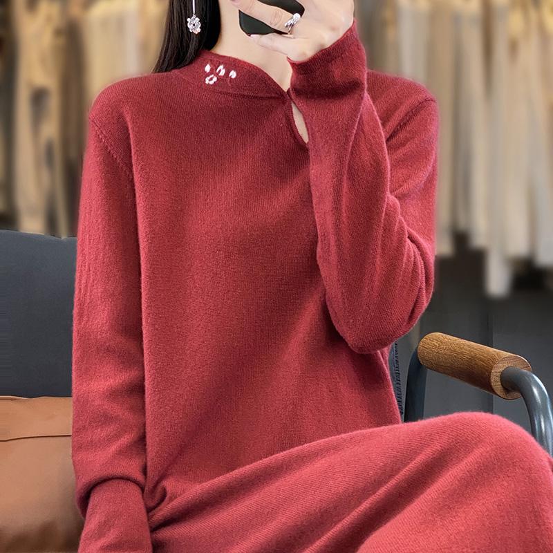 Women's Cashmere Dress Qinghe Cashmere 70% Wool 30% Cashmere Women's Autumn and Winter Cashmere Dress Soft and Warm