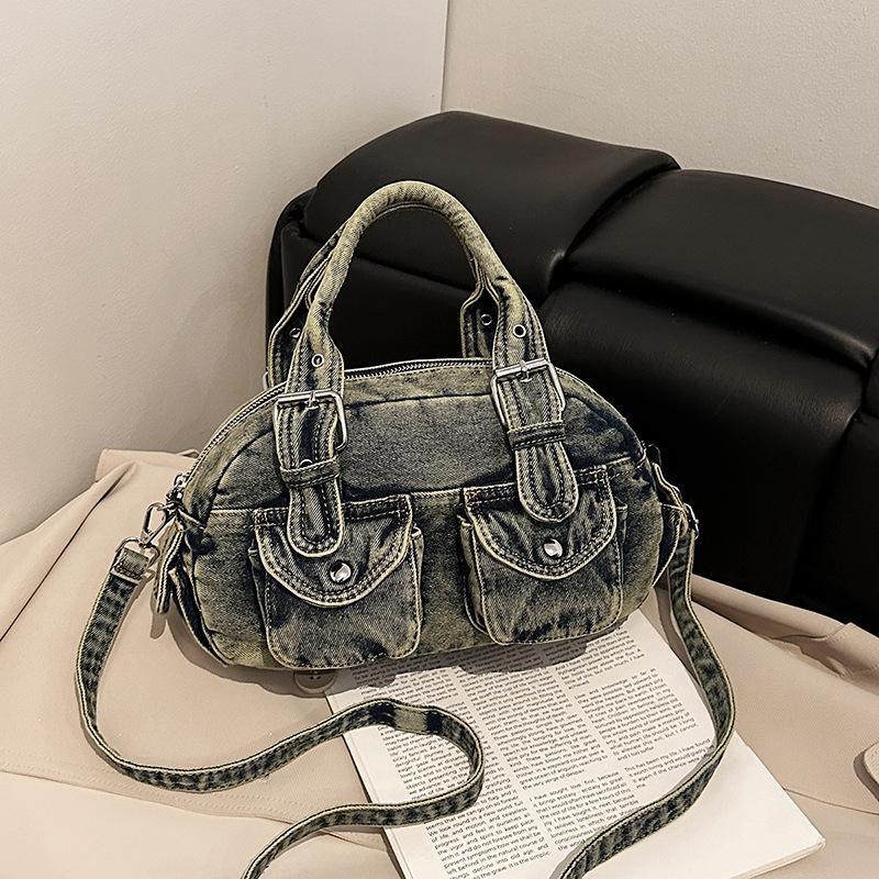 

Джинсовая сумка женская осенне-зимняя универсальная 2025 новая повседневная плиссированная сумка-мессенджер портативная сумка-боулинг Бостон чёрный