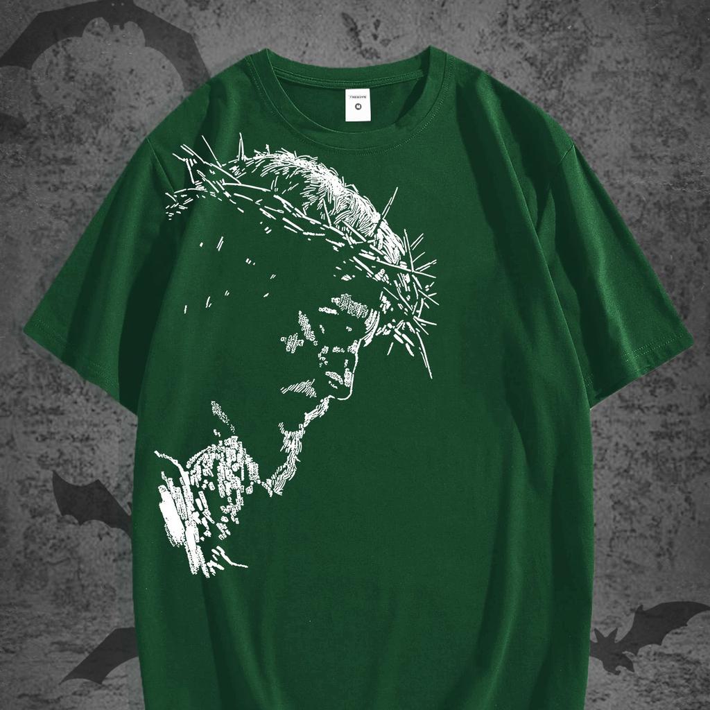 Vintage Jesus Head Print T-Shirt - Distressed Religious Icon Suitable for Church, Study & Casual Wear - Solid Color Round Neck Summer 