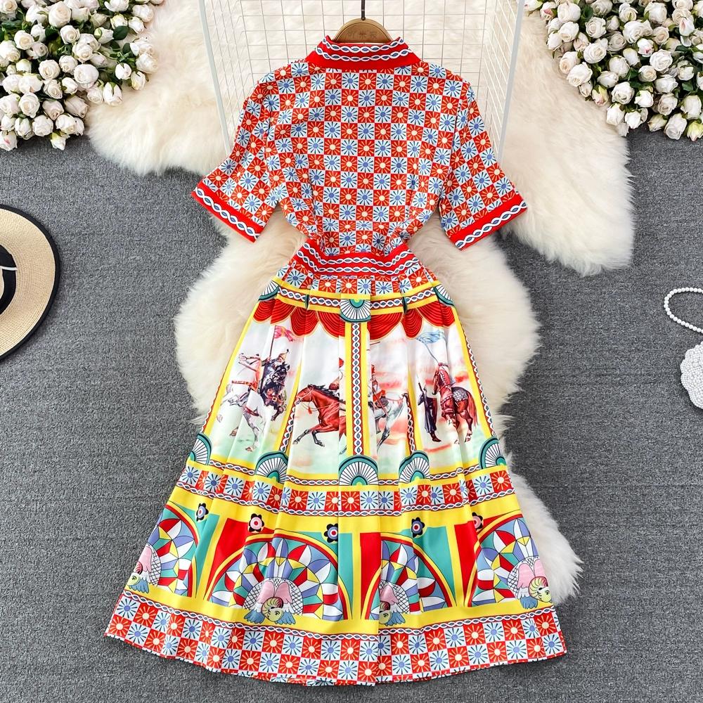 Summer Women Vintage Print Designer Runway Dresses Fashion Long Midi Party Shirt Dress