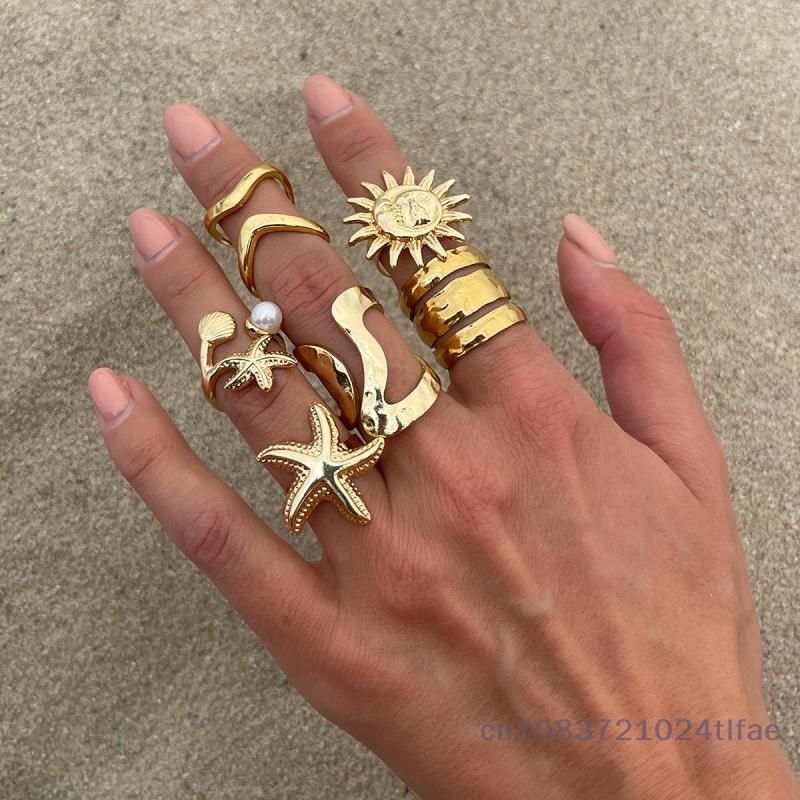 6 Pcs/Set Vintage Sun Starfish Open Rings For Women Men Punk Irregular Pleated Pearl Ring Vacation Beach Personalized Jewelry