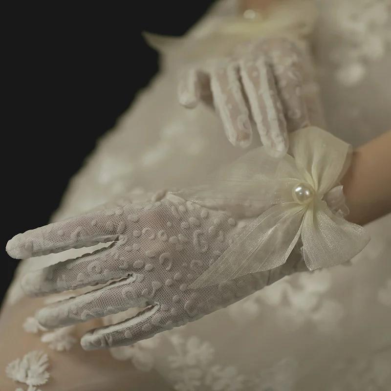 1 Pair Women Wedding Bridal Short Gloves Net Full Finger See Through Beaded Bow Wrist Length Costume Prom Party Gloves