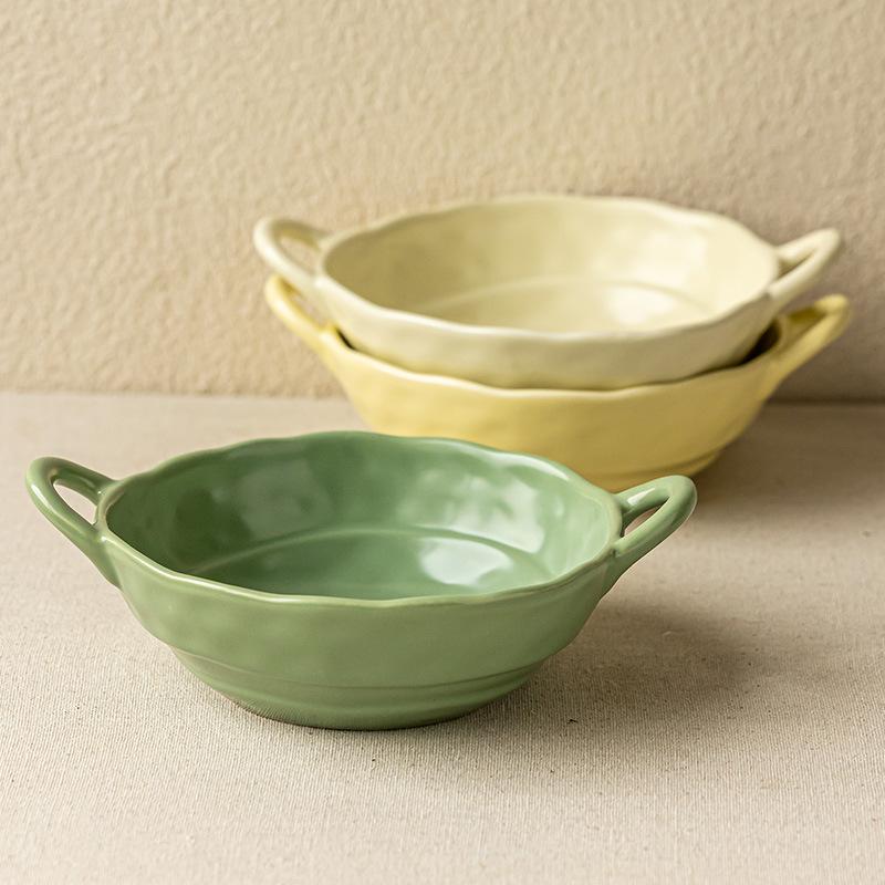 Solid Color Handmade Binaural Bowl Anti-Scalding Hand Japanese Irregular Bowl Ceramic Vegetable Bowl Soup Bowl Salad Bowl Household Tableware