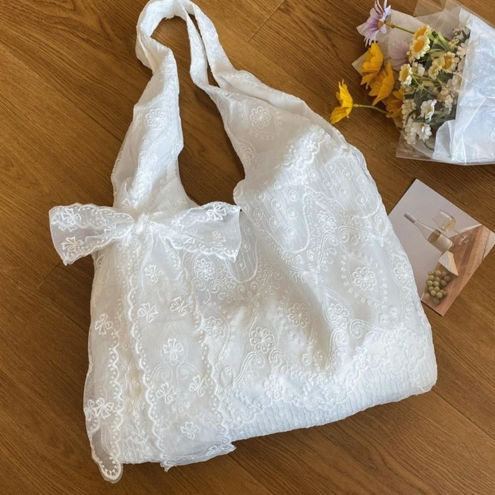 Sweet Embroidery Lace Shoulder Bag Tote Bag With Ribb Canvas Handbag Cloth Korean Style Large Capacity Bag Travel