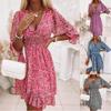 Bohemian Floral Print Mid-Length Pullover Dress with Waist-Gathering and Short Sleeves In 6 Colors