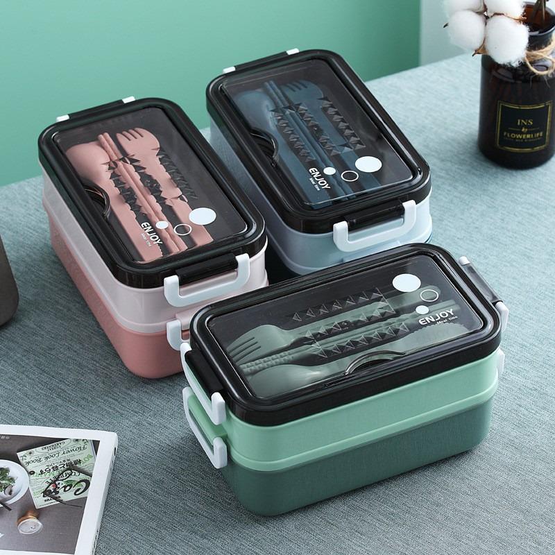 Rectangular Double-Layer Microwaveable Plastic Bento Lunch Box with Cutlery