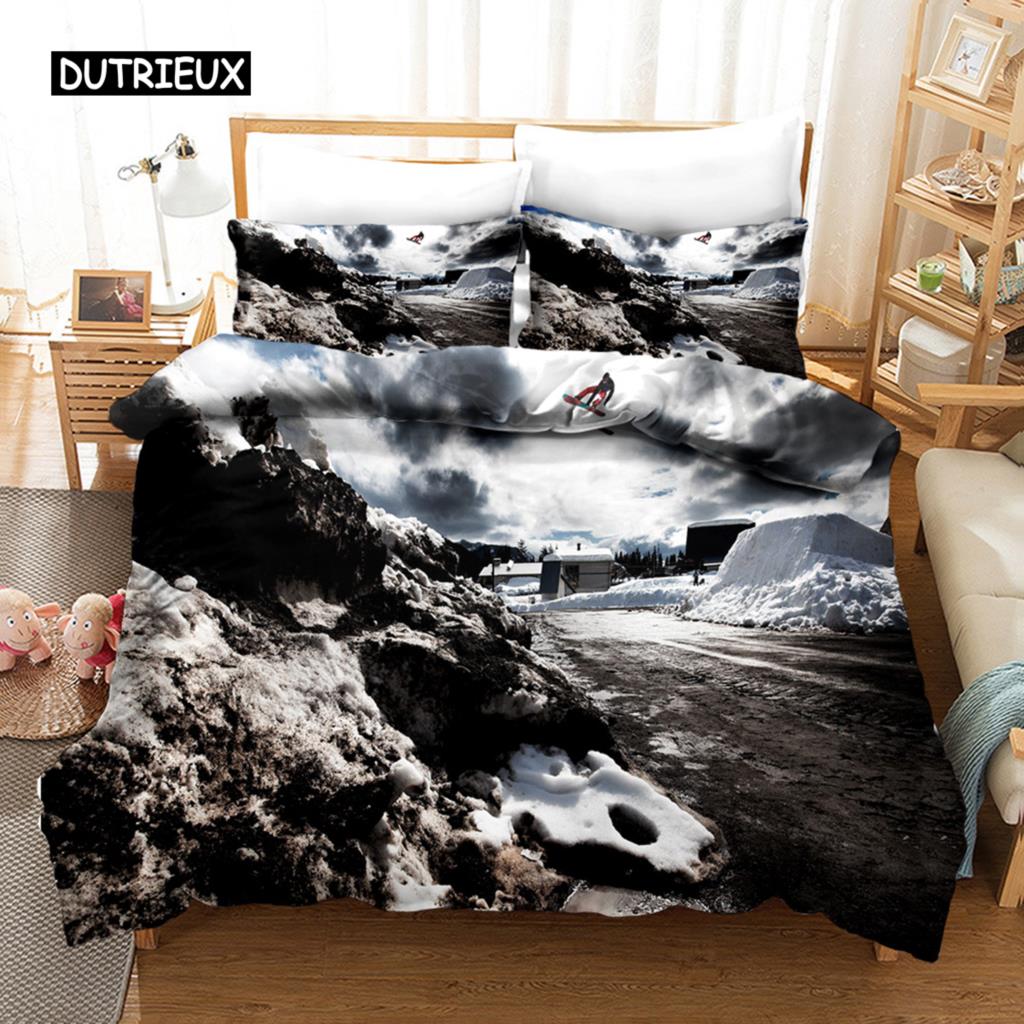 Ski Bettbezug Mikrofaser Extremsport Thema Einzelbettwäsche Winter Sport Ski Schnee Berglandschaft Queen King Bettdeckenbezug