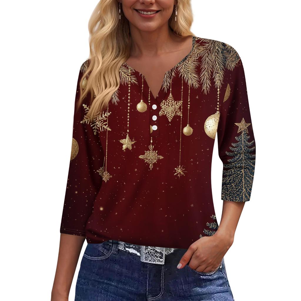 Women's Casual Fashion V-neck Loose Versatile Christmas Print Three-quarter Sleeve Top