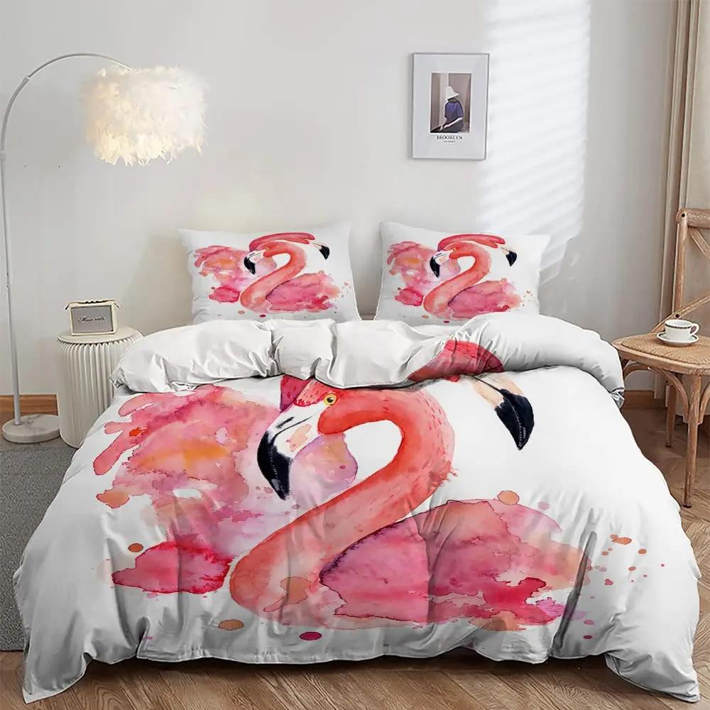 Flamingo Duvet Cover Three-Piece Girl Bedroom Bedding Quilt Cover Set Pink Bedspread
