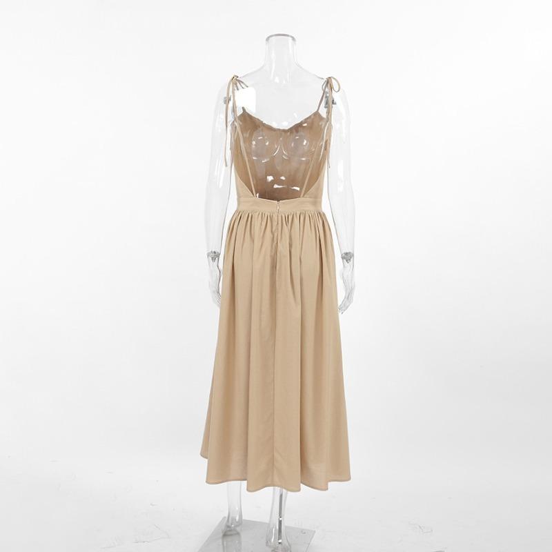 French Khaki Cotton Linen Breathable Halter High Waisted Dress Holiday Style Long Skirt Woman