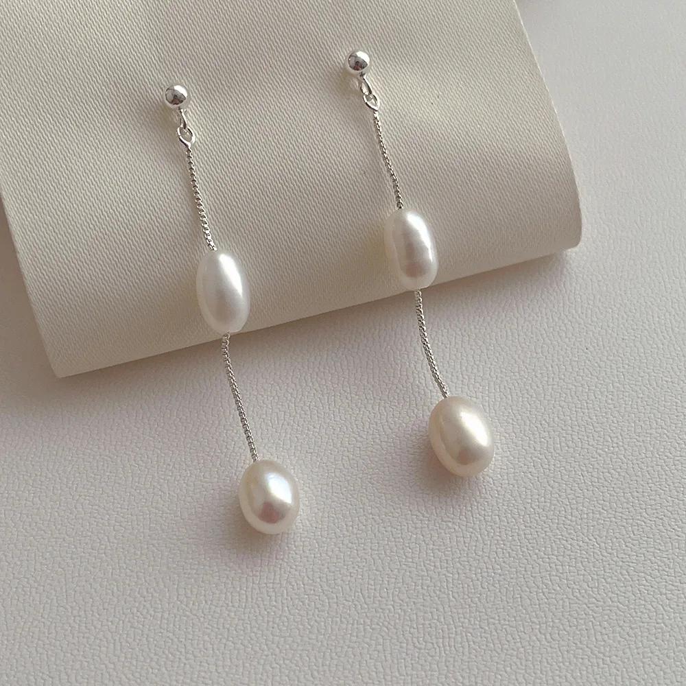 14K Gold Plated Brass Baroque Freshwater Pearl Long Chain Tassel Dangle Earrings For Women