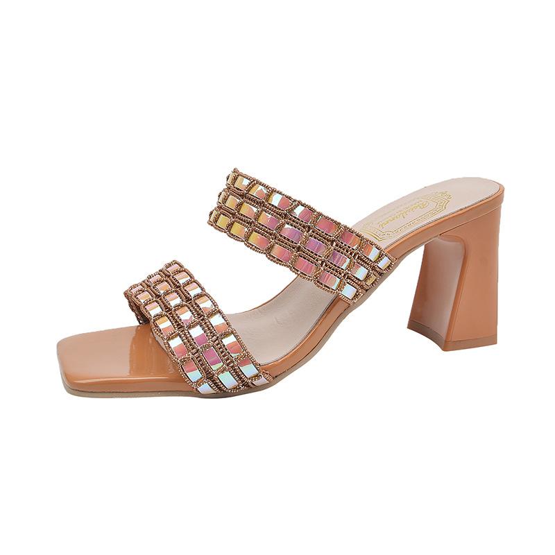 Женские сандалии без шнуровки на низком массивном каблуке с двумя ремешками, сандалии-мюли с квадратным каблуком и открытым носком, вечерние модельные туфли-лодочки, шлепанцы, летние женские тапочки 35 жёлтый