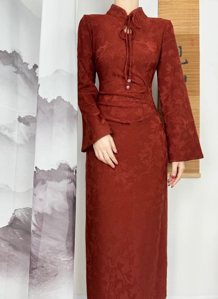 

New Chinese autumn and winter national style red dress skirt temperament dress stand-up collar disc buckle high waist fish tail pendulum XL