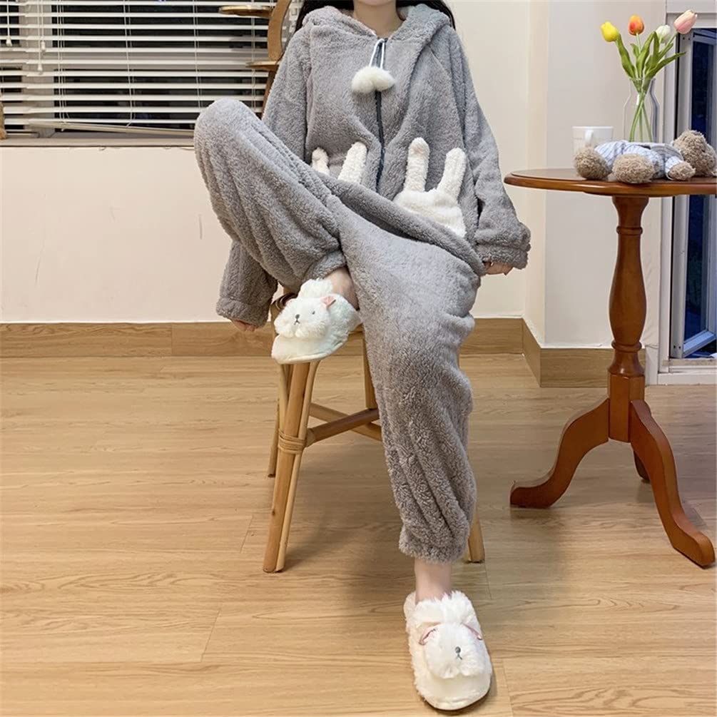 ZHENGTU Women's Cute All-in-One Hooded Pajamas with Rabbit Ears, Warm and Comfortable for Fall and Winter, Casual and Casual Wear (Gray, Size L)