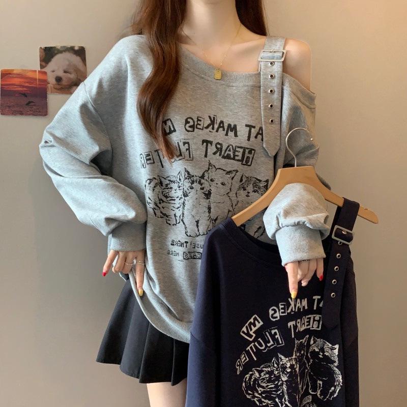 

Plus Size Animal Print One-Shoulder Drop-Sleeve Sweater for Autumn XL темно-синий