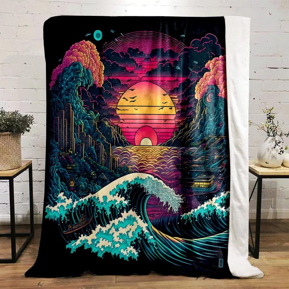 Vibrant waves, neon sunset, clouds, and detailed cityscape converge. for all seasons blanket lunch break throw gift