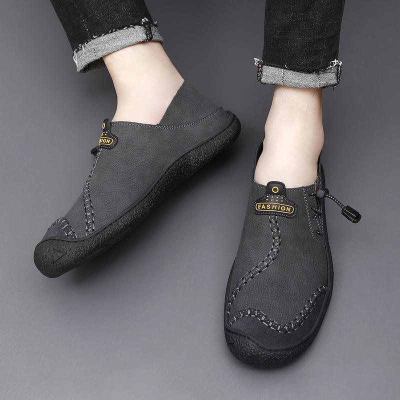 Men Handmade Leather Shoes Black Casual Hiking Shoes Outdoor Grey Walking Driving Shoes Over Sized Brown Slip On