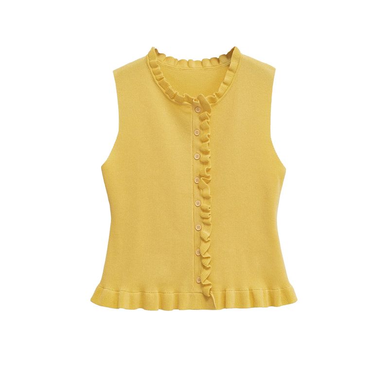 Women's Spring Clothing French Style Design Single-Breasted Laminated Decoration Soft round Neck Sleeveless Tops 5584314
