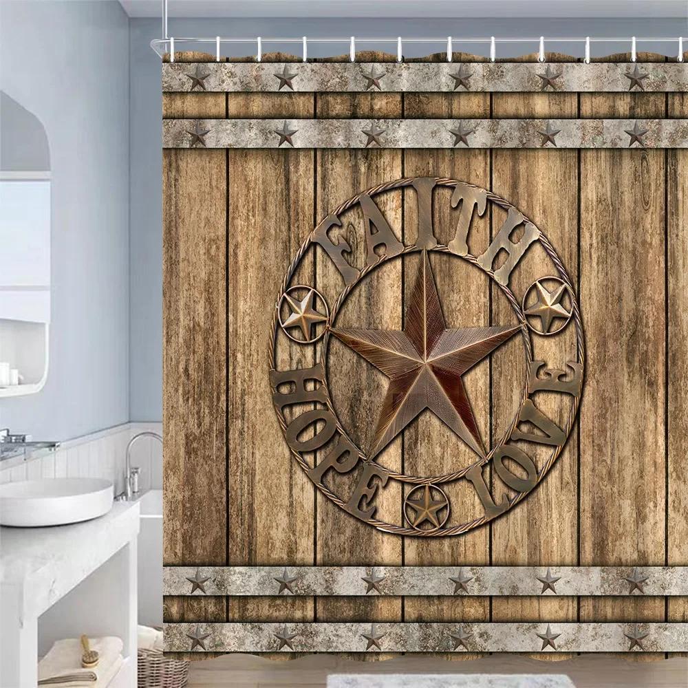 Rustic Farm Wooden Door Shower Curtains Barn Wheel Green Plant Grey Board Bath Curtain Polyester Cloth Bathroom Decor with Hooks