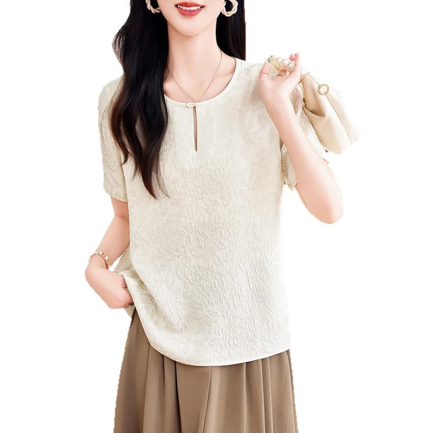 Temperament Silk Shirt Top Women's Short-sleeved  Jacquard Mulberry Silk T-shirt