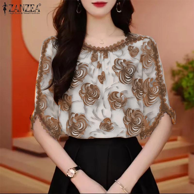 ZANZEA Women Casual Round Neck Short Sleeve Loose Floral Blouse