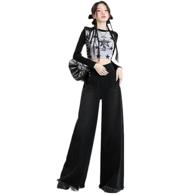 Retro černé a šedé kalhoty se širokými nohavicemi a surovým lemem