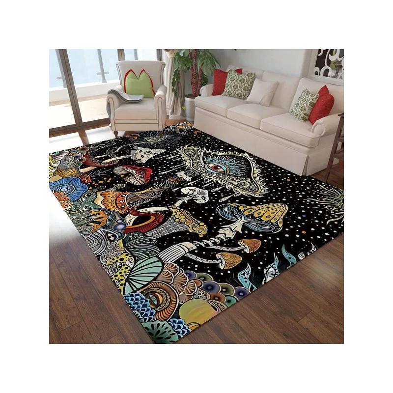 Sun & Moon INS Skull Mushroom Bohemian Style Pattern Carpet Modern Thick Elastic Living Room Rug, Non-Slip Rug Kitchen Doormat