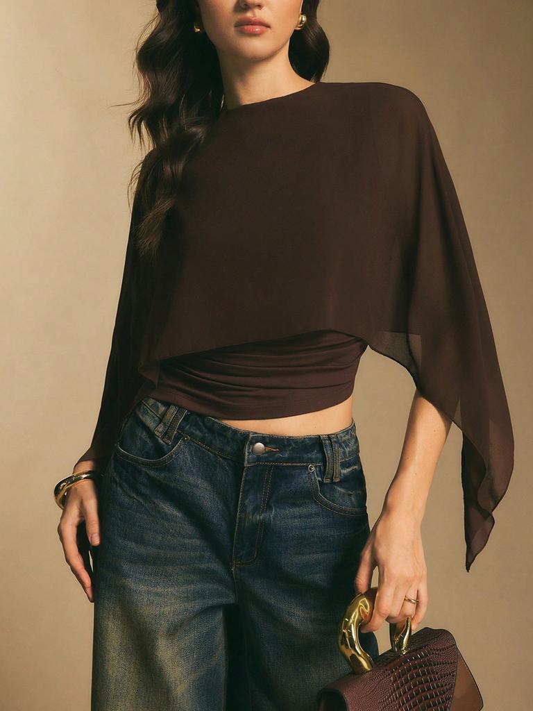 Summer New Women's Cape Sleeve T-Shirt Crew Neck Loose Chiffon Cardigan Elegant Irregular Top for Women