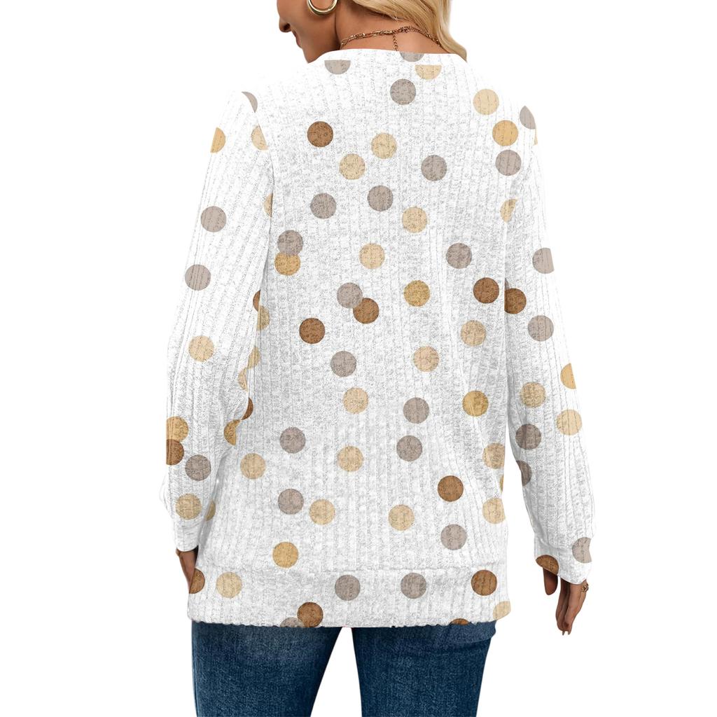 Women's Fashionable Oversized V-Neck T-Shirt With Polka Dot Print Long-Sleeved Pullover Top