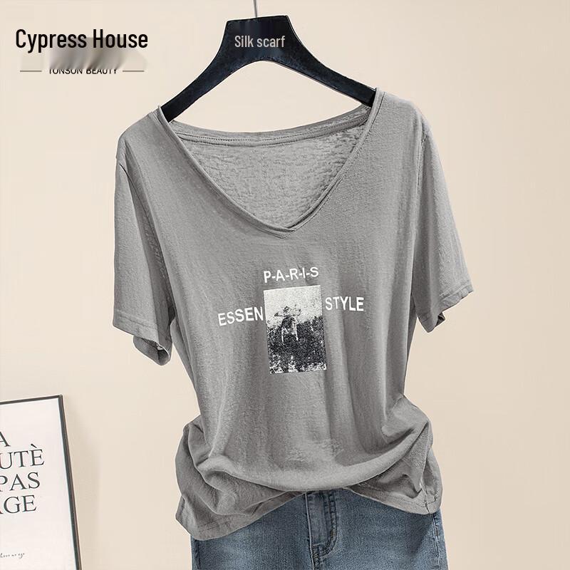 

Si Bai She Women s Letter Print V-Neck Short Sleeve T-Shirt M