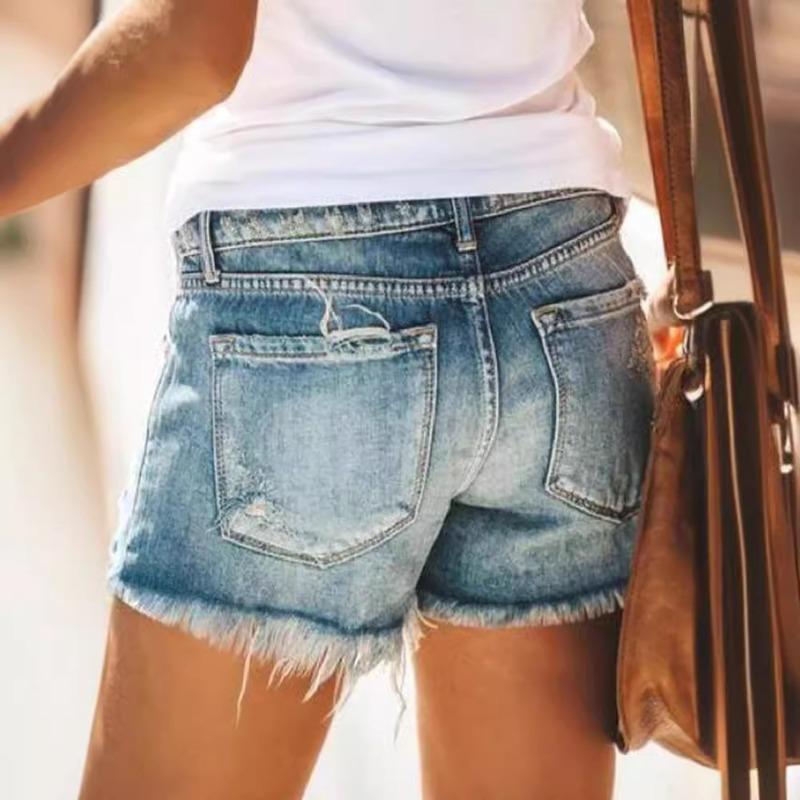 Women's New High-waisted Fringed Ripped Denim Shorts