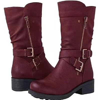Herfst Winter Middenkuit Laarzen Dames Retro Rits Dames Schoenen Mode Leer Waterdicht Riemgesp Casual Martin Laarzen