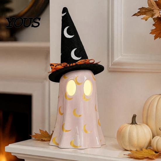 Kids Bedroom Night Light Up Ghost Halloween Decoration, Cute Spooky Witch Hat Figurine, Gifts for Resin LED Lighted Statue Mantel, Shelf, Indoor Home