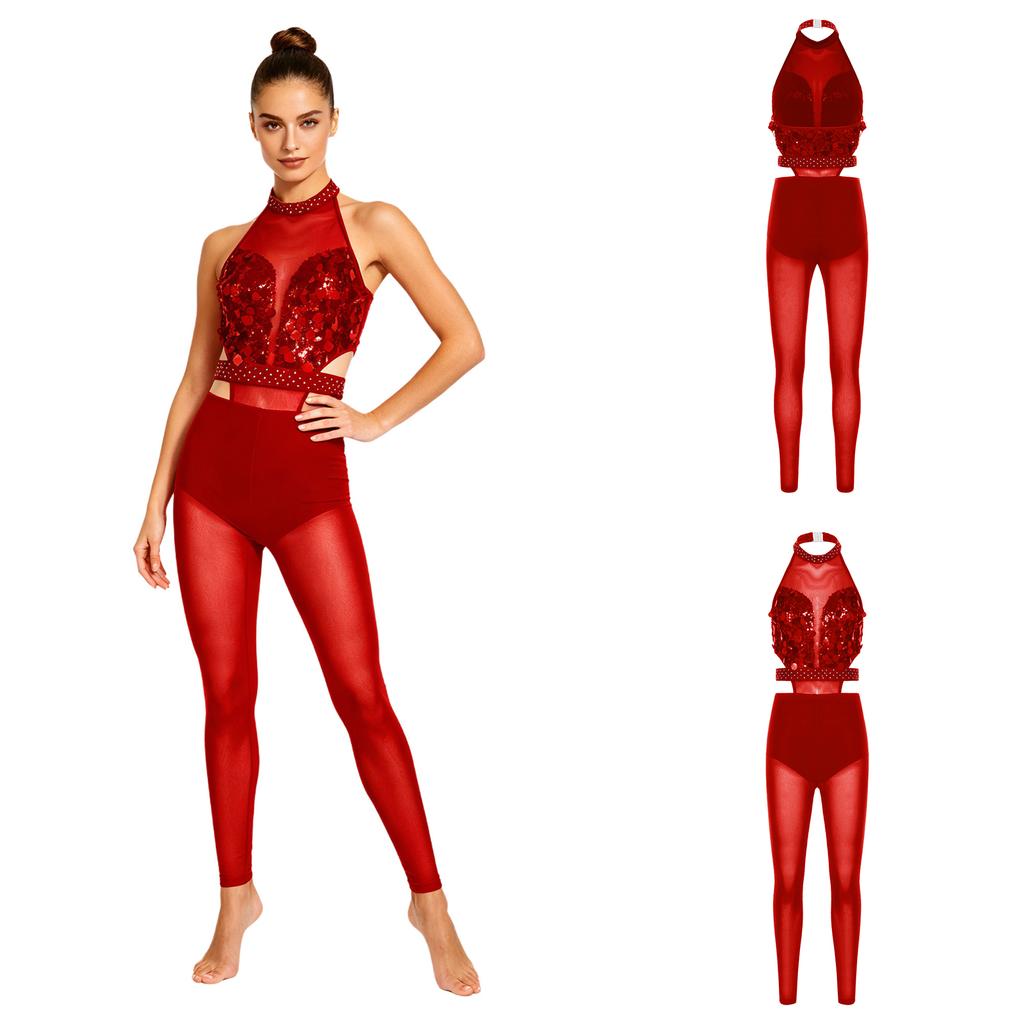 Women Gymnastics Unitard Halter Backless Sequin Bodice Hollow Out Waist Sheer Mesh Leggings Built-in Briefs Rompers Jumpsuit for Competition Stage