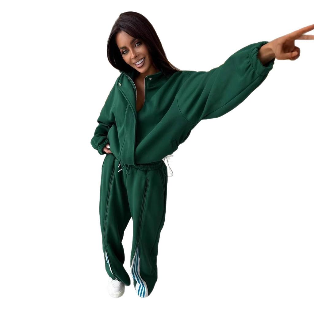 Casual suit, drawstring contrasting sweatshirt, straight trousers two-piece set